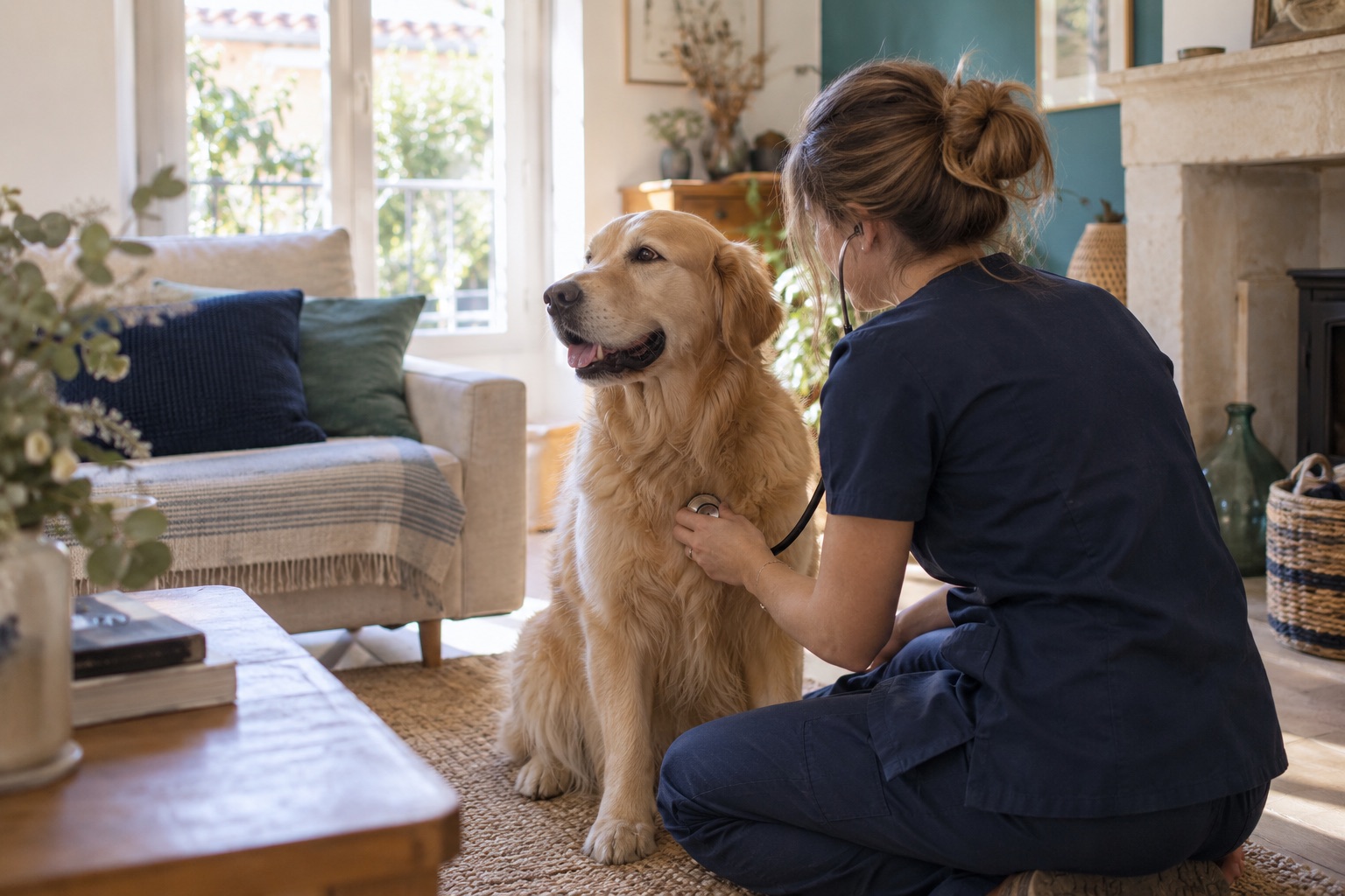 Examen clinique d’un chien senior par une vétérinaire à domicile