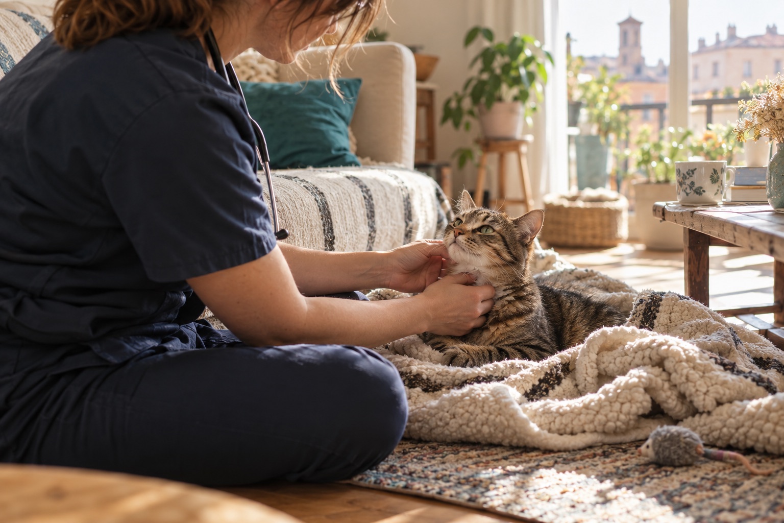 Vétérinaire examinant un chat détendu à son domicile