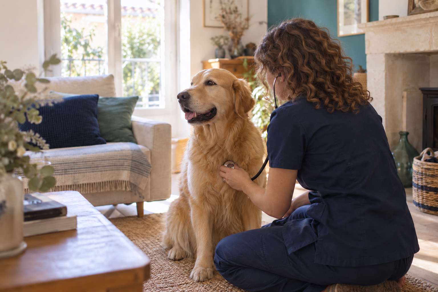 Vétérinaire aux cheveux bruns frisés et détachés auscultant un chien à domicile