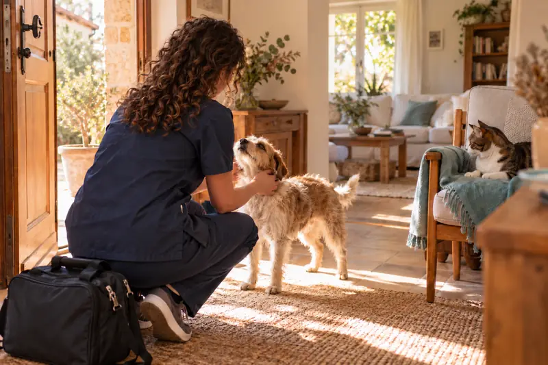 Vétérinaire aux cheveux bouclés détachés accueillie au domicile d’une famille avec un chien et un chat